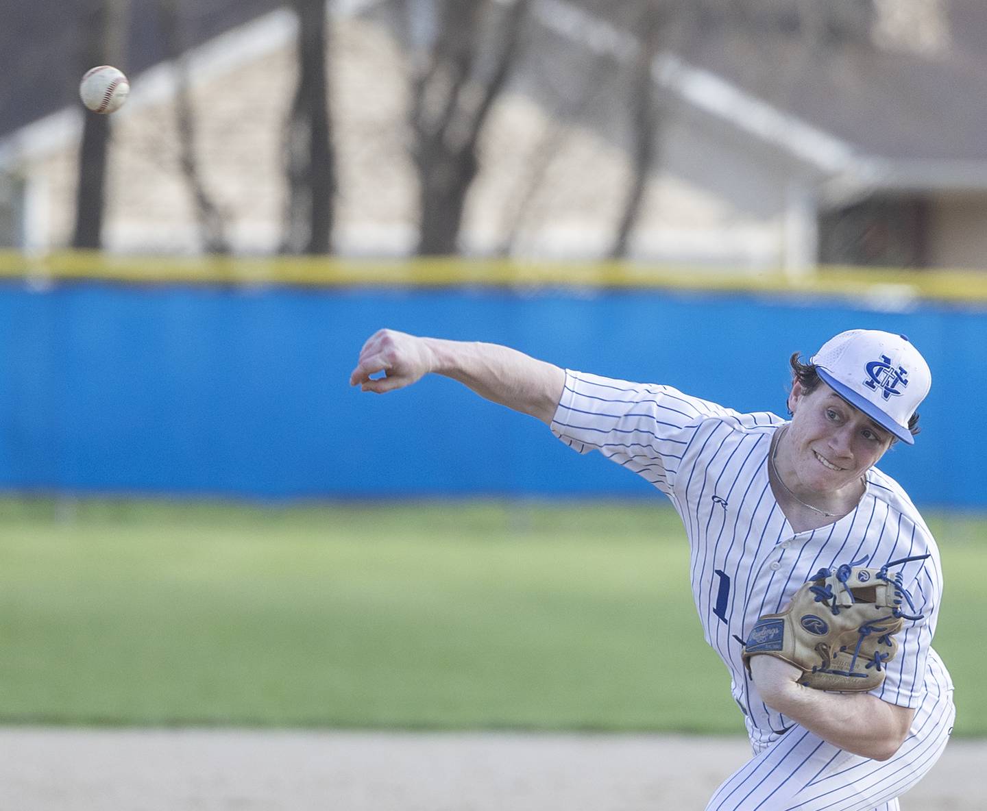 Newman’s Garret Matznick fires a pitch against Eastland Wednesday, April 15, 2026.