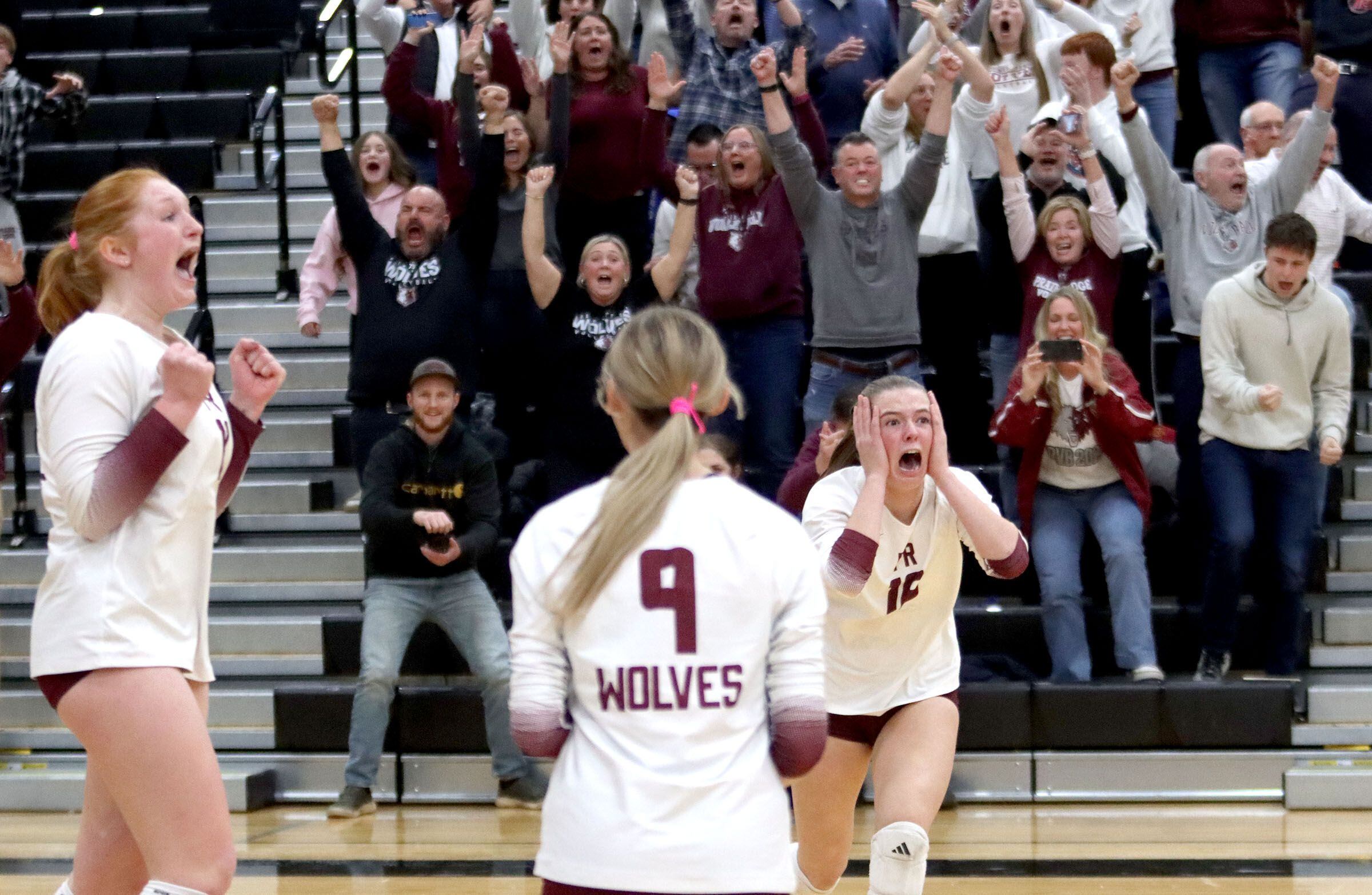 Prairie Ridge’s Wolves polish off a win against St. Viator in IHSA Class 3A Super-Sectional girls volleyball at Streamwood High School in Streamwood on Monday, November 10, 2025.