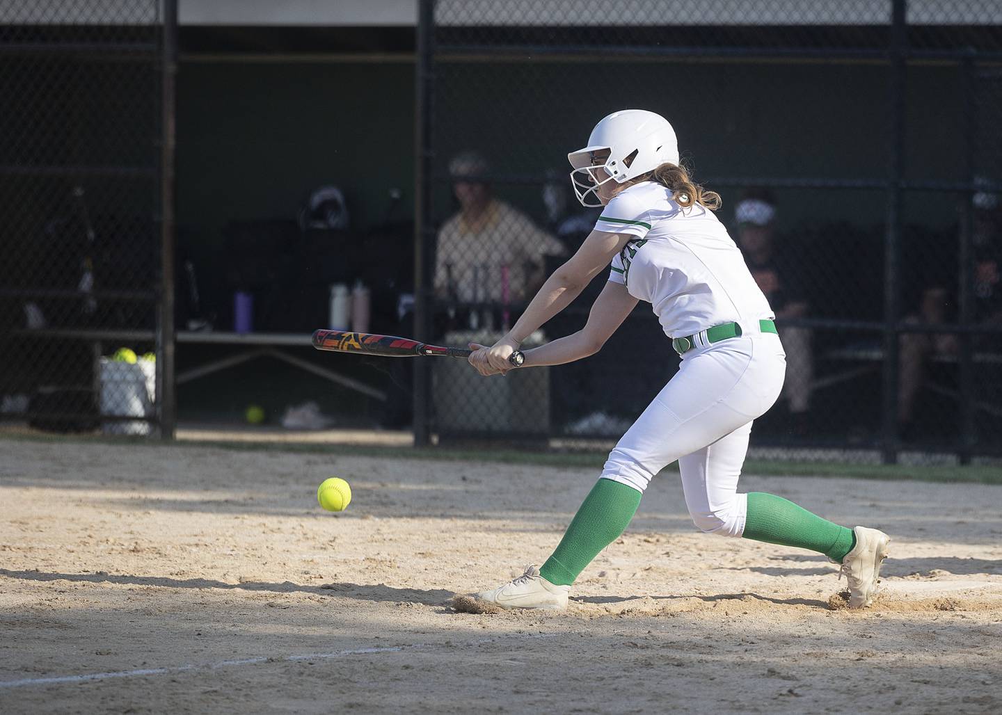 Rock Falls’ Patty Teague connects with a ball against Byron Tuesday, May 16, 2023. A throwing error led to two runs and a Rockets’ mercy rule regional victory in 4 innings.