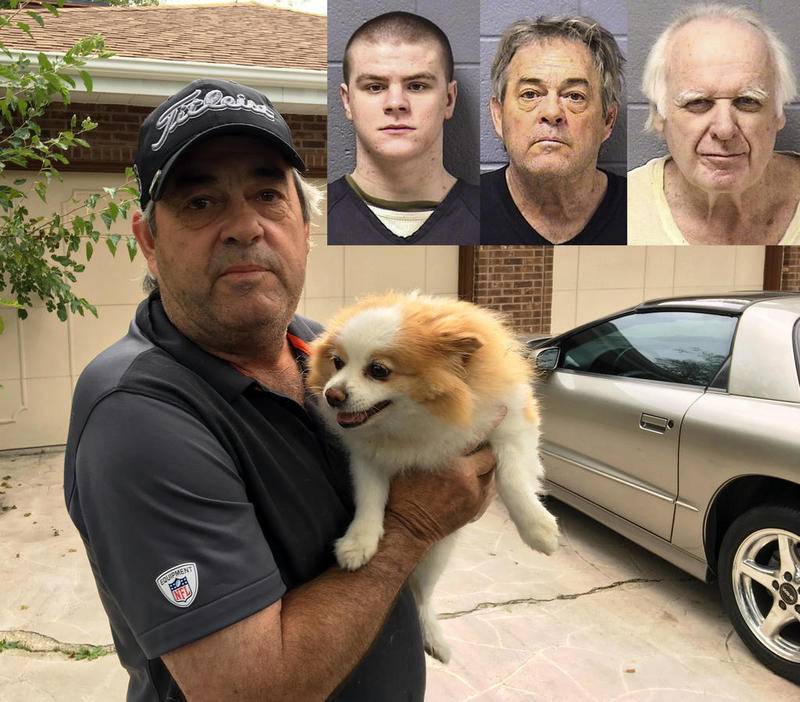 James Hess stands outside his Minooka home with one of his dogs, Itsy Bitsy. Hess was convicted of second-degree murder for shooting and killing his former girlfriend's 29-year-old son in what he claimed was self-defense. Inset: Adam Ballard (from left), James Hess and John Sadler Jr.