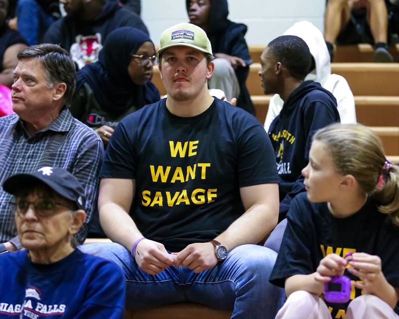A supporter of Hinsdale South's Brendan Savage sits in the stands before basketball game between Hinsdale South at Downers Grove South. Dec 1, 2023.