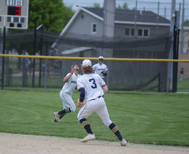 Sterling’s shortstop Colt Adams eyes a pop-up Tuesday, May 17, 2022 against Dixon. Adams turned the catch into a double play.