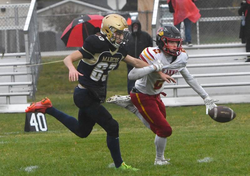 Polo's Mercer Mumford (83) and St. Anne's Matthew Langellier (2) got after a pass during I8FA playoff action on Saturday, Nov. 8, 2025 at Polo High School.