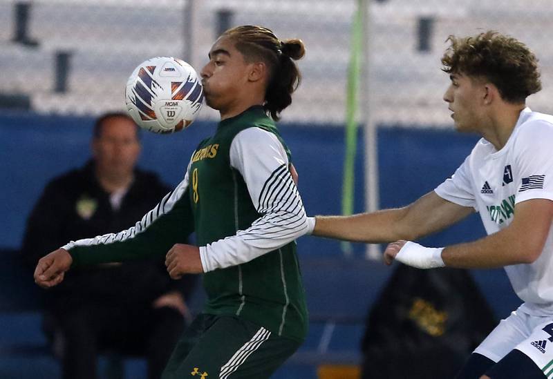 Crystal Lake South's Ali Ahmed plays the ball in front of Peoria Notre Dame's Thomas Graham during the IHSA Class 2A state championship soccer match on Saturday, Nov. 4, 2023, at Hoffman Estates High School.