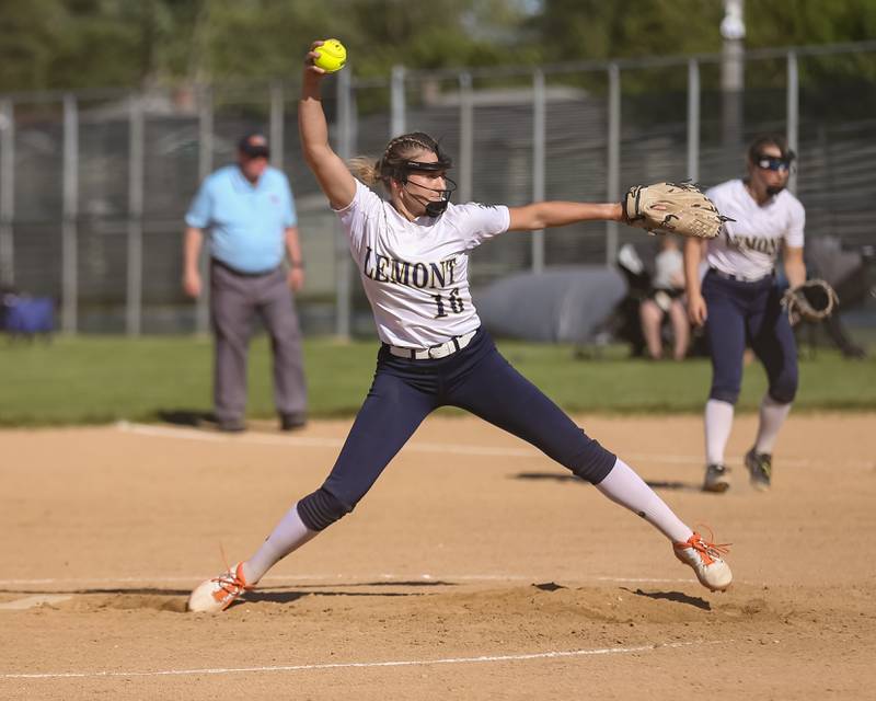 Lemont's Sage Mardjetko (16) delivers to the plate during Class 3A Joliet Catholic Sectional final game between Marian Catholic at Lemont.  June 3, 2022.