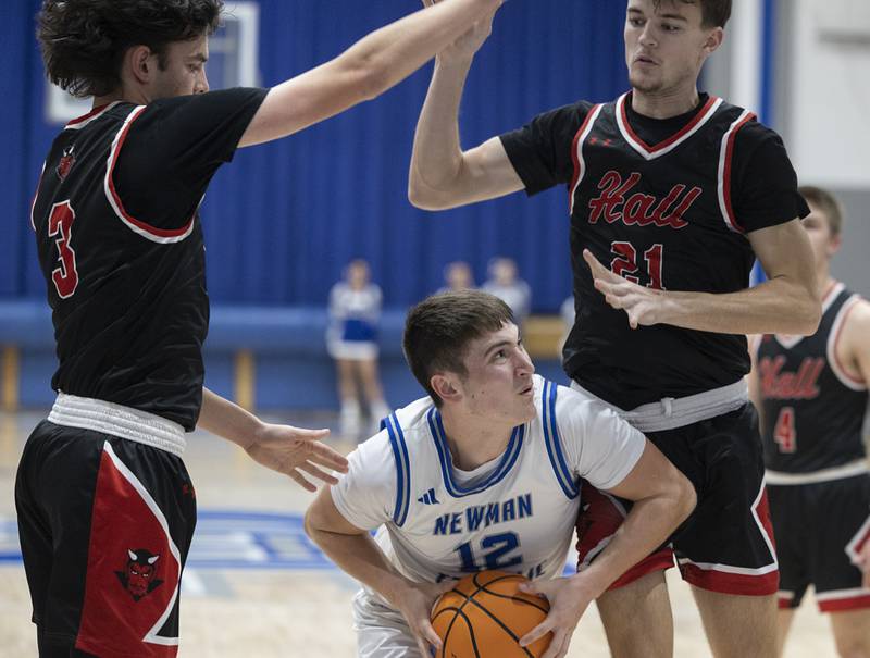 Newman’s Evan Bushman handles the ball while being guarded by Hall’s Noah Plym (left) and Clayton Fusinetti Tuesday, Feb. 17, 2026.