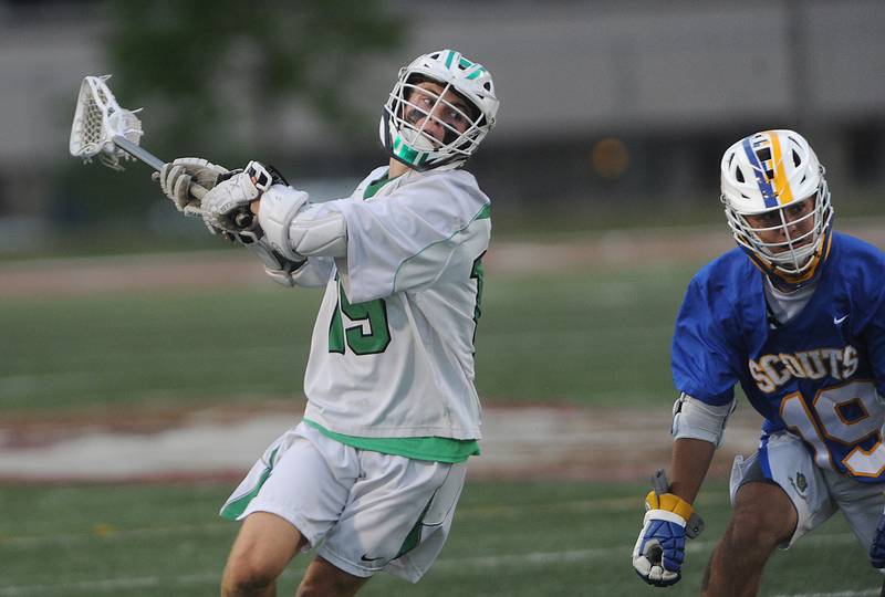 York's Thomas Kowlaski gets ready to fire at the goal in the second period at the boys lacrosse state semifinals at Robert Morris University football field in Arlington Heights on Thursday