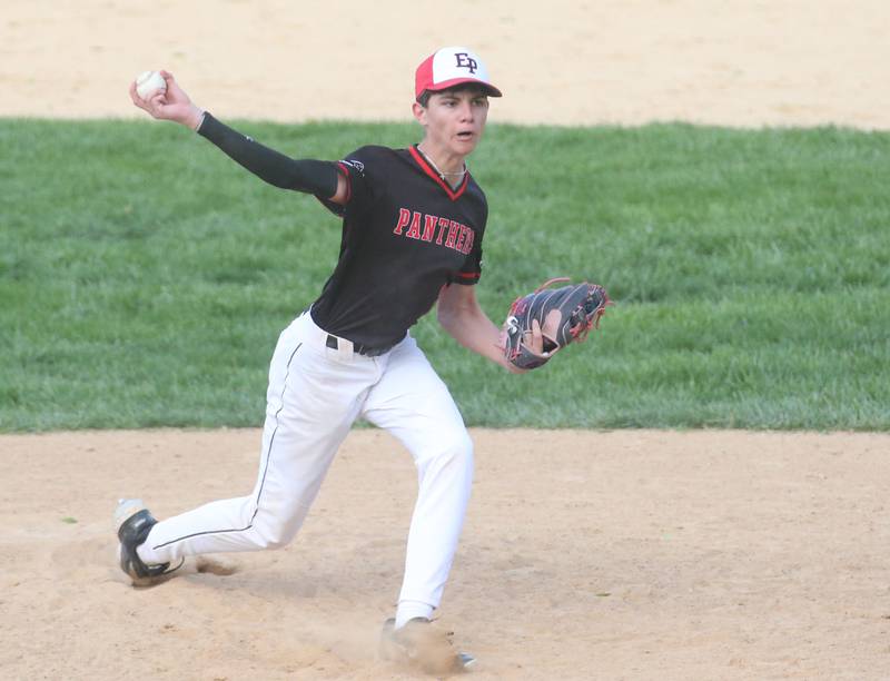Erie-Prophetstown's Alastaire Sweetser lets go of a pitch to Hall on Monday, April 28, 2025 in Foley Field at Kirby Park in Spring Valley.