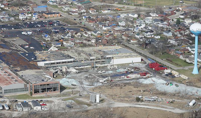 An aerial photo of the tornado damage in the Village of Naplate on Wednesday, March 1 2017.