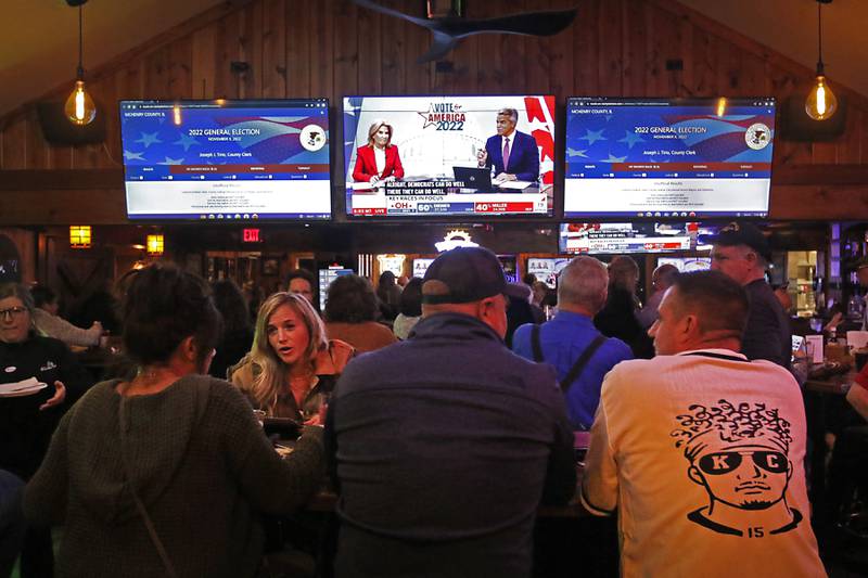 People talk as they wait for election results during a Republican election night watch party Tuesday, Nov. 8, 2022, at Niko's Red Mill Tavern, 1040 Lake Ave. in Woodstock. The event was hosted by Illinois State Sen. Craig Wilcox, McHenry County Board Chairman Mike Buehler, McHenry County Coroner Michael Rein, and McHenry County Clerk Joe Tirio.