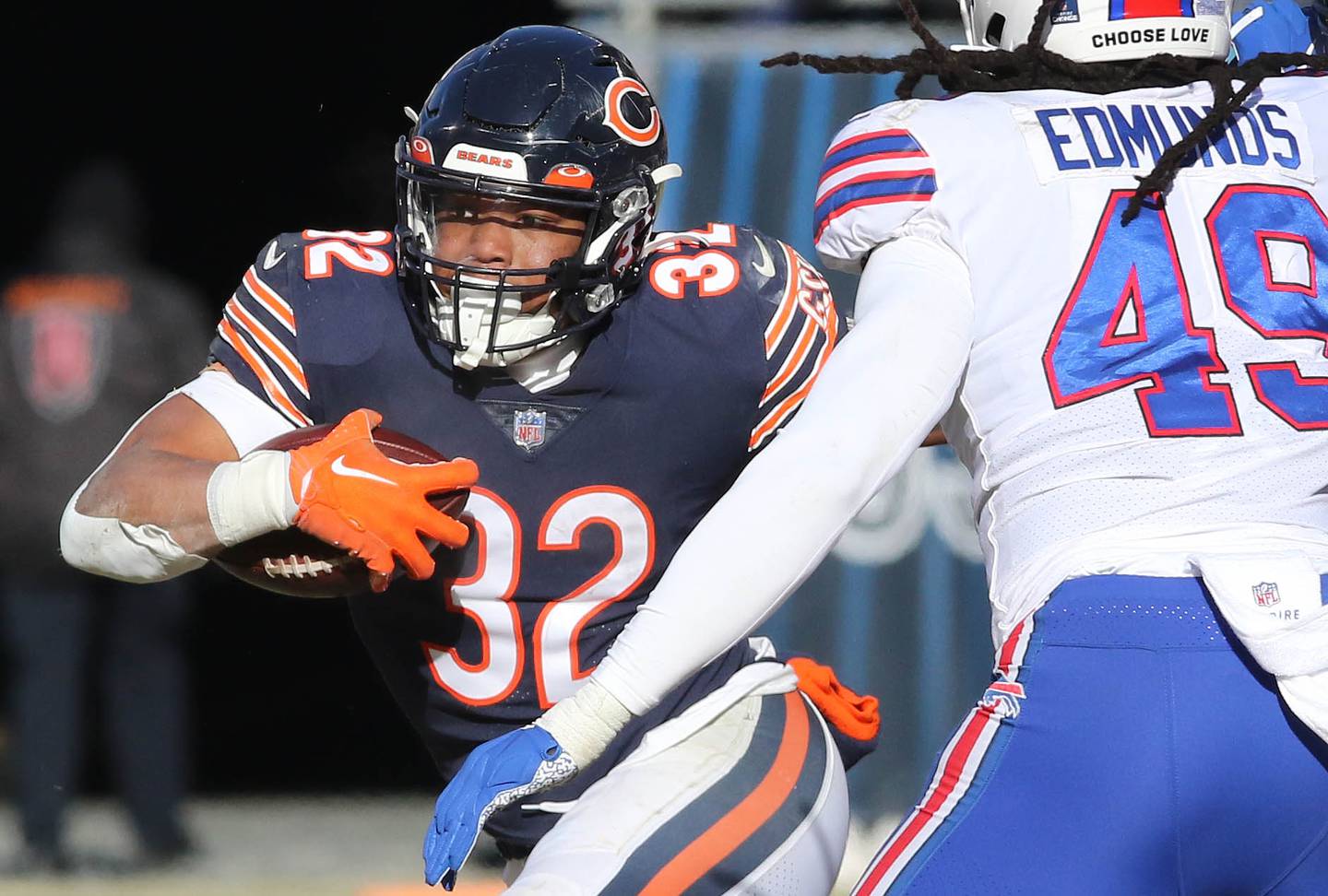 Chicago Bears running back David Montgomery looks to get by Buffalo Bills linebacker Tremaine Edmunds during their game Sunday, Dec. 24, 2022, at Soldier Field in Chicago.