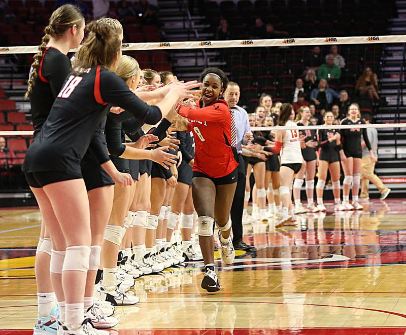 Benet Academy's libero Aniya Warren (8) hi-fives her teammates before the match against Barrington in the Class 4A semifinal game on Friday, Nov. 11, 2022 at Redbird Arena in Normal.