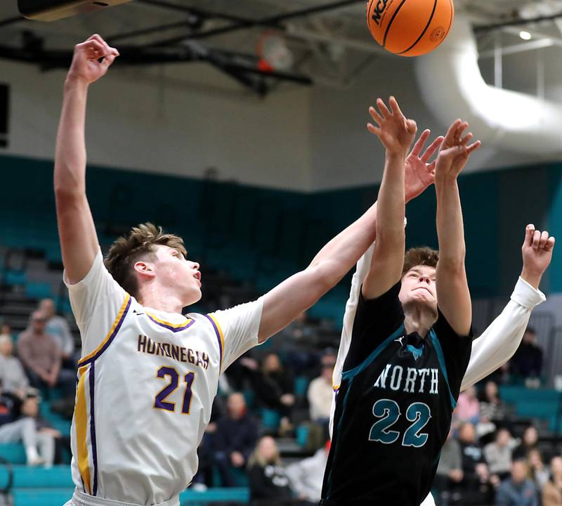 Woodstock North's Curtis Czeslawski is founded by Hononegah’s Jace Brady during the 2025 Hoops for Healing tournament basketball game on Wednesday, Nov. 26, 2025, at Woodstock North High School.
