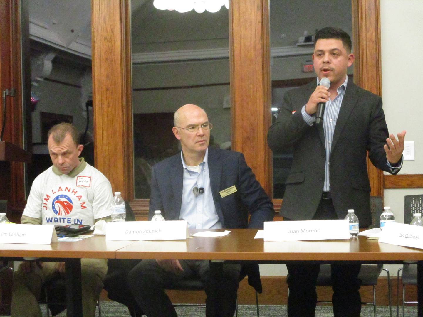 Juan Moreno makes a point during the forum for Joliet City Council candidates at the Joliet Public Library on Thursday. Feb. 19, 2025
