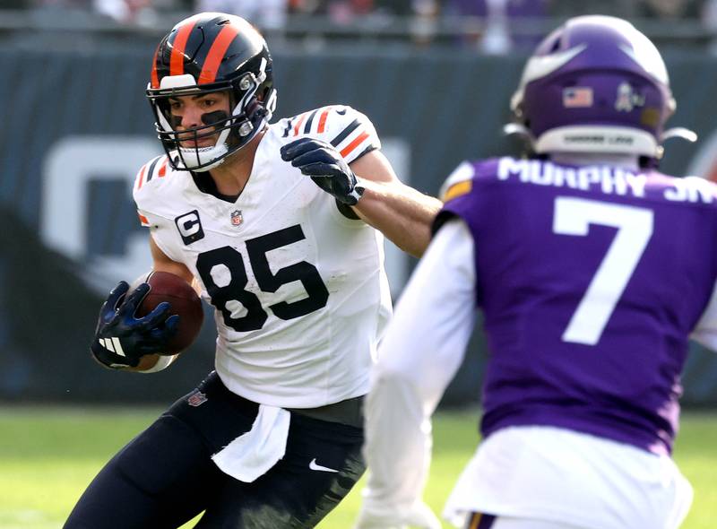 Chicago Bears tight end Cole Kmet looks to get by Minnesota Vikings cornerback Byron Murphy Jr. during their game Sunday, Nov. 24, 2024, at Soldier Field in Chicago.