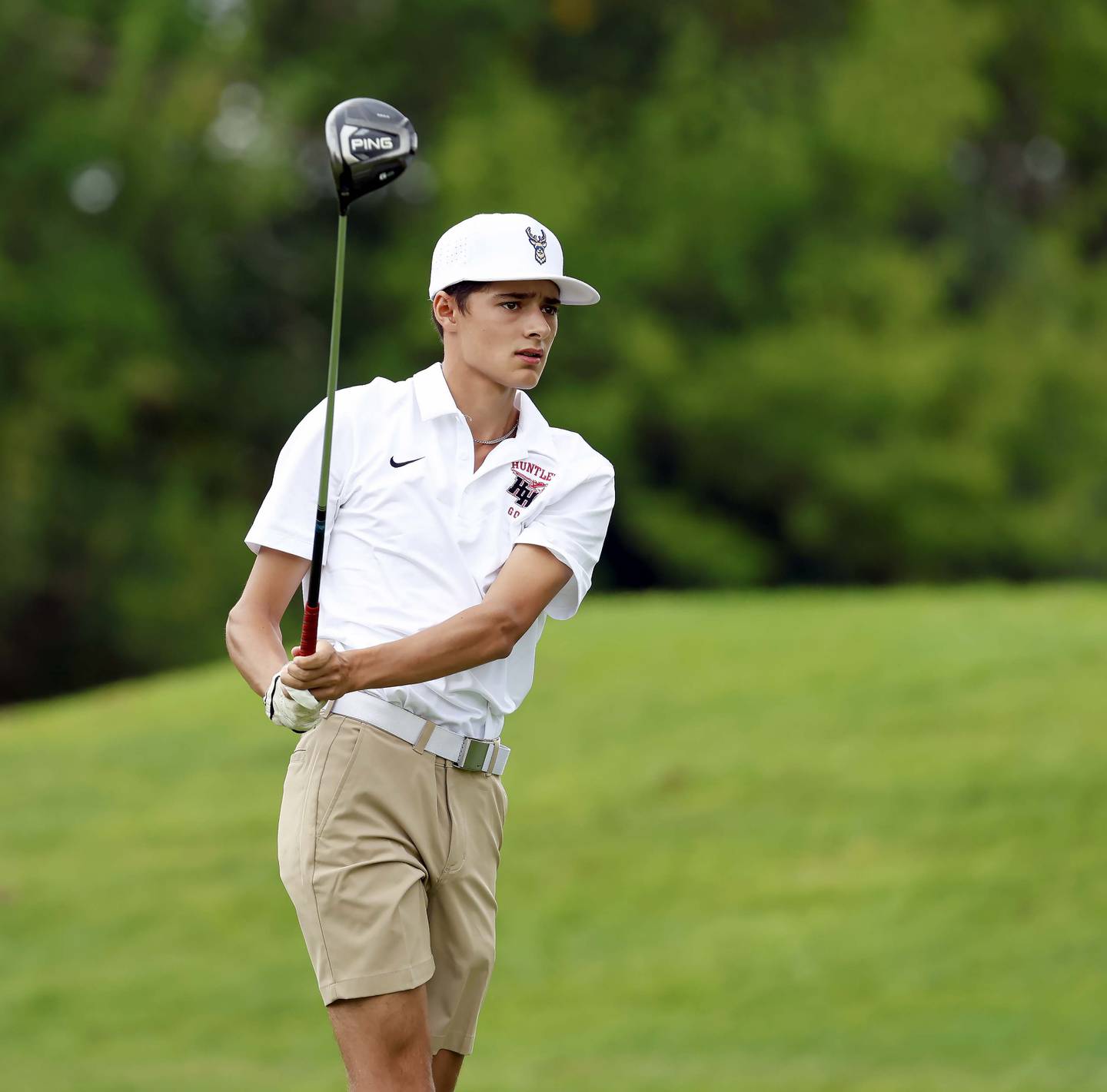 Austin Matich of Huntley watches his tee shot during the Dundee-Crown Charger Invite Saturday, Sept. 20, 2025 at Randall Oaks Golf Club in West Dundee.