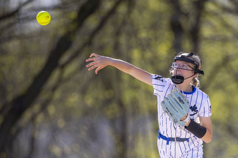 Newark's Brooklyn Wallin throws the ball to first base to record the out against Serena High School during the game on April 29, 2025 at Newark High School.