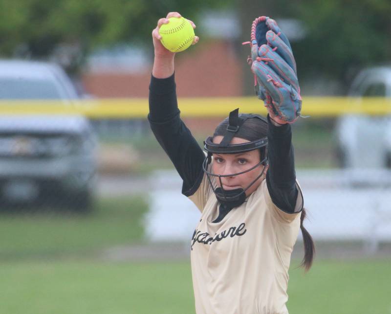 Sycamore pitcher Bella Jacobs lets go of a throw to Ottawa on Tuesday, May 5, 2026 at Peck Park in Ottawa.