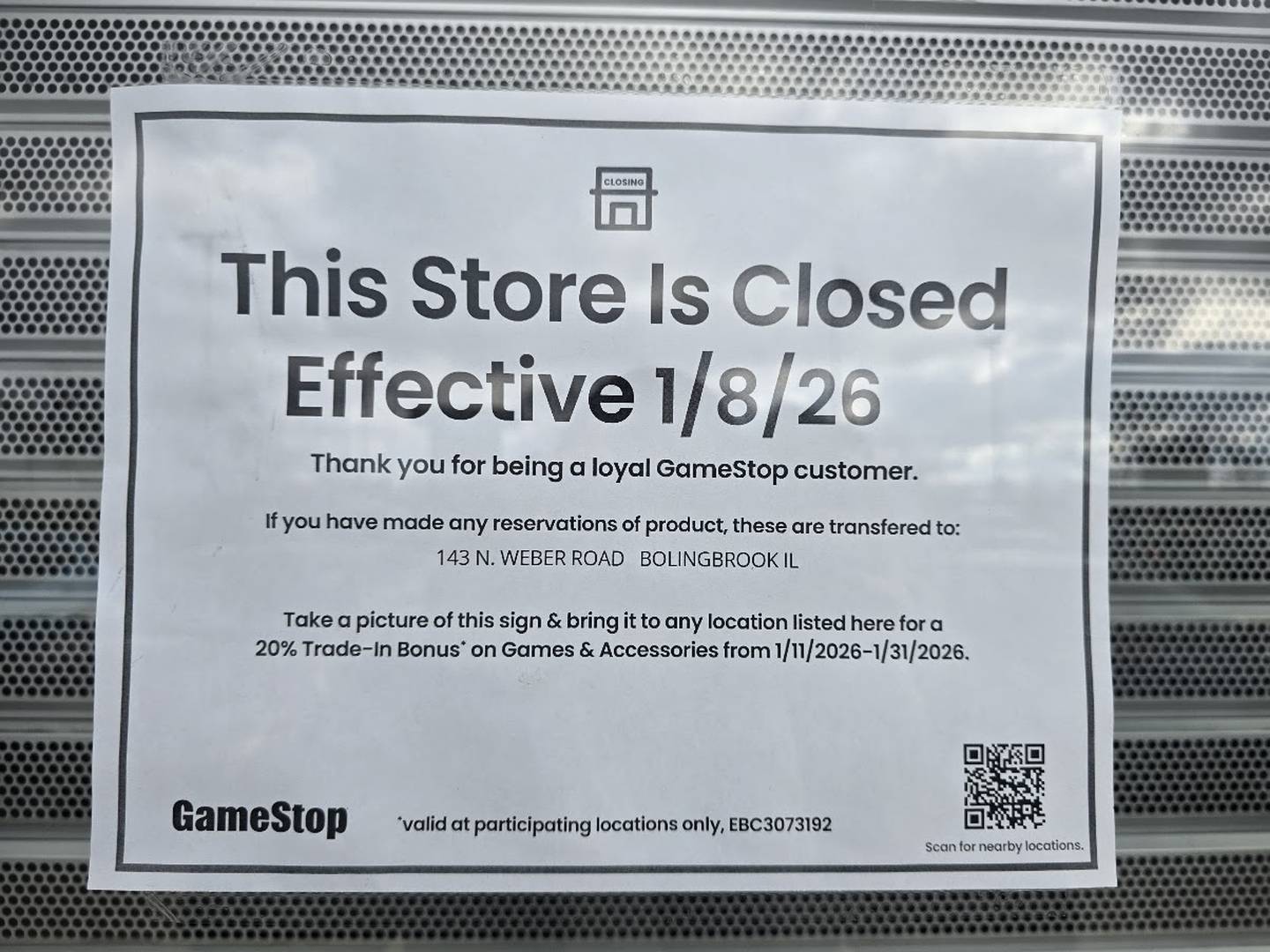 A sign announcing the closing of the former GameStop location at 2410 W Jefferson St. Suite 102 in Joliet is seen on Saturday, Jan. 10, 2026.