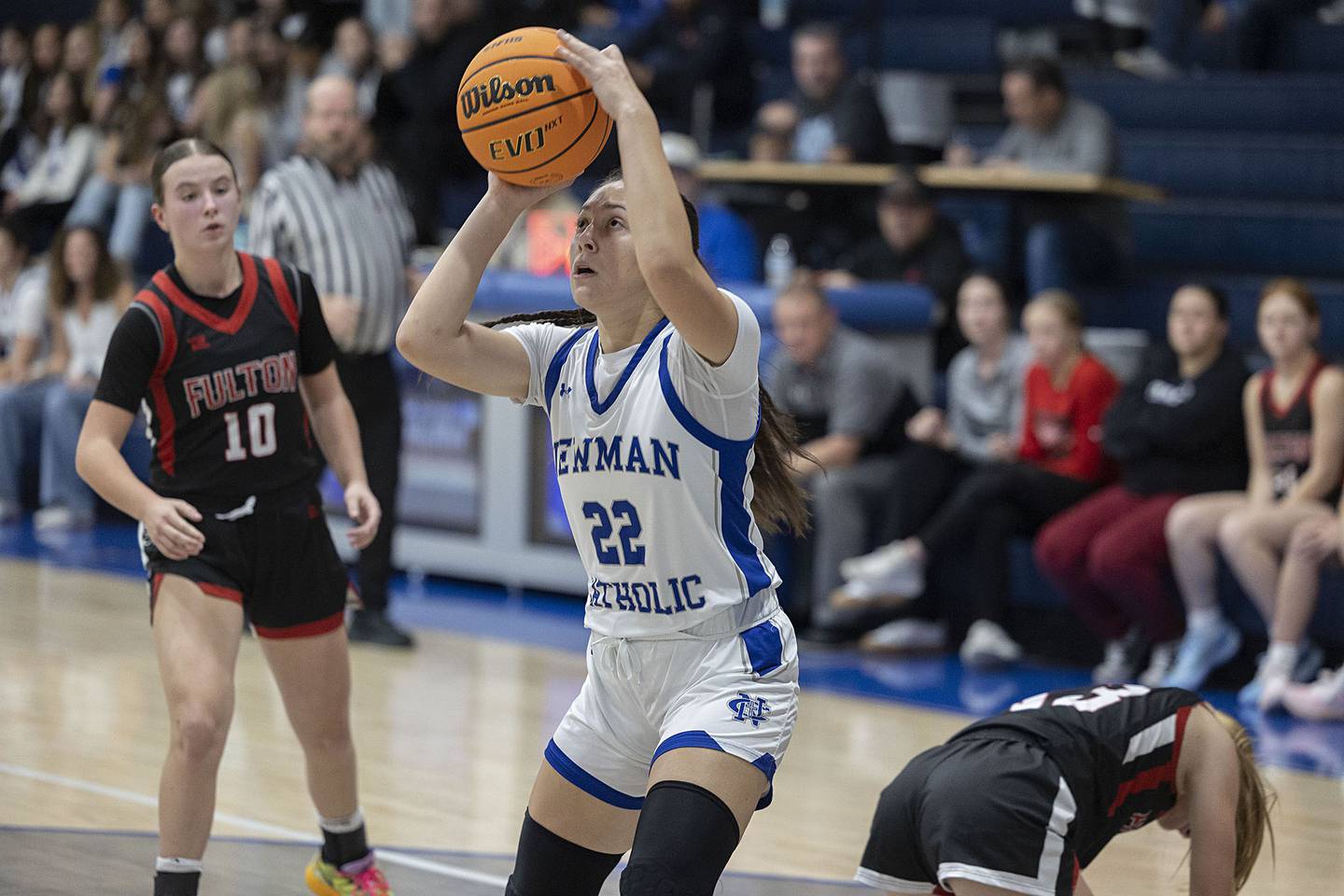 Newman’s Anna Propheter looks to shoot against Fulton Tuesday, Nov. 25, 2025.