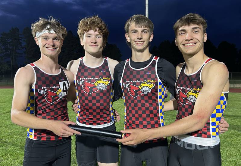 Forreston-Polo's 4x400 relay team of  Brody Schwartz, Hayden Vinnedge, Eli Ferris, and Mercer Mumford pose for a photo after finishing first at the 1A Oregon Sectional on Friday, May 22, 2026.