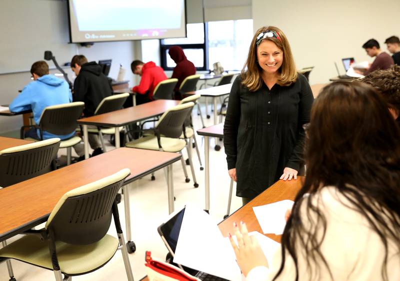 Amy Powers teaches a history class at Waubonsee Community College in Sugar Grove.