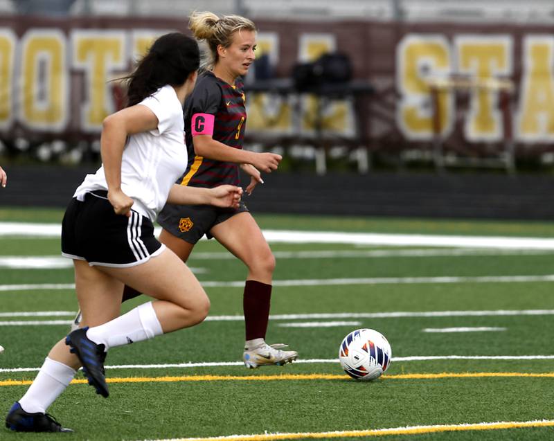 Richmond-Burton's Reese Frericks takes a shot on goal during a IHSA Division 1 Richmond-Burton Sectional semifinal soccer match against Woodlands Academy Tuesday, May 16, 2023, at Richmond-Burton High School.