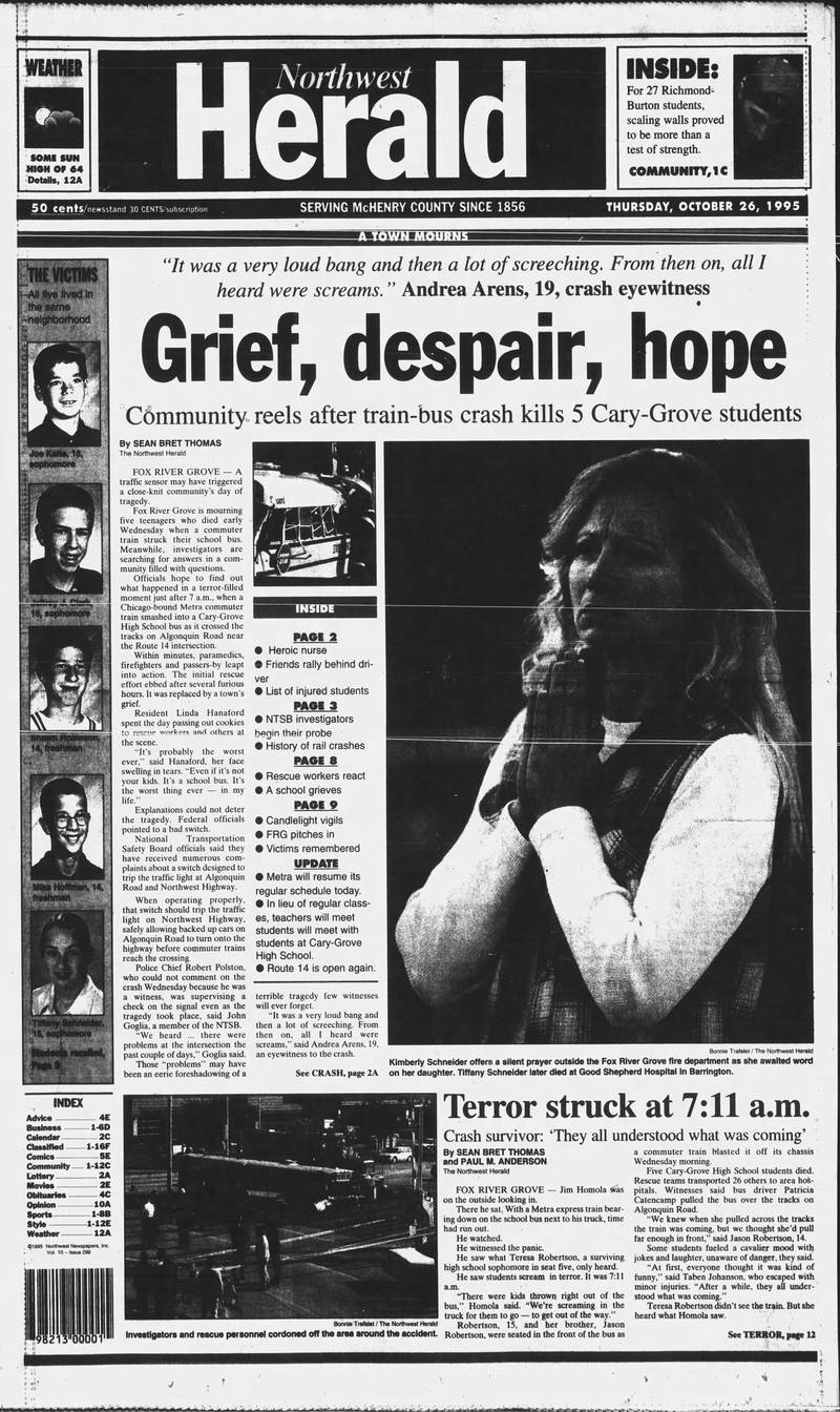 The front page of the Northwest Herald on Oct. 26, 1995, the day after a collision between a Metra train and a school bus killed seven Cary-Grove High School students.