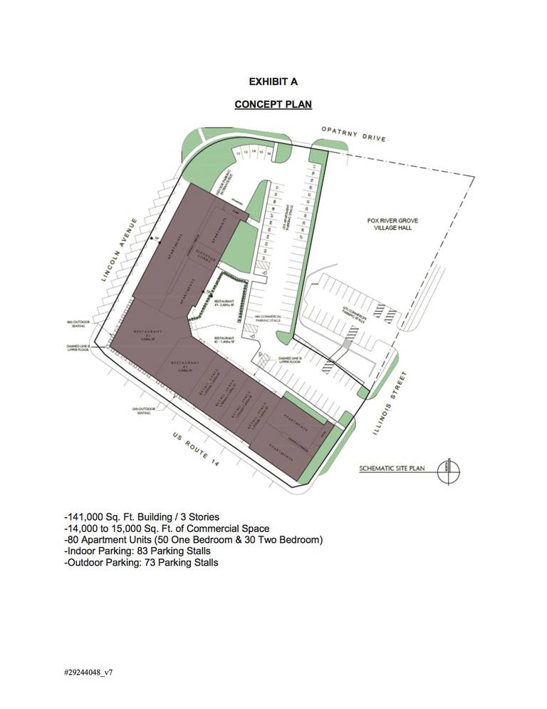 A preliminary site plan for Block B, an area of downtown Fox River Grove between Lincoln Avenue and Illinois Street. The plan calls for a mixed-use three-story building with apartments, retail and restaurant space.