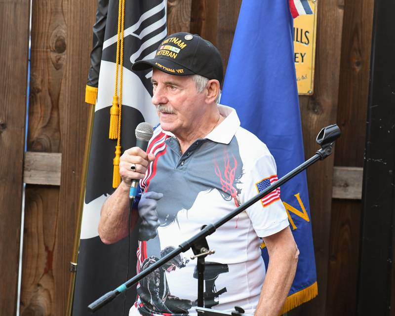 Joe Morgan of the St. Charles American Legion post, speaks before the drawing of the Geneva American Legion raffle on Thursday Aug. 21, 2025.