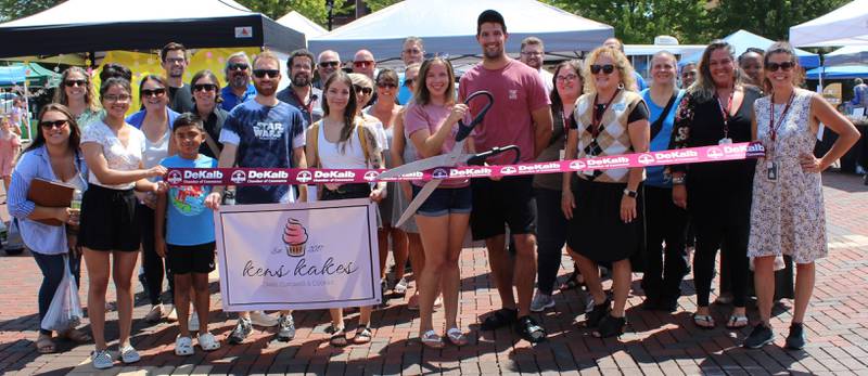 The DeKalb Chamber of Commerce welcoming Ken's Kakes with a ribbon-cutting
