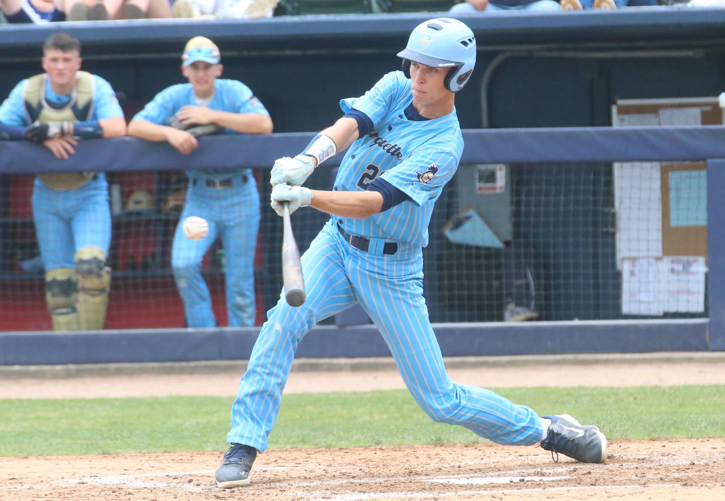 Marquette's Charlie Mullen smacks a hit against Altamont during the Class 1A State championship game on Saturday, June 1, 2024 at Dozer Park in Peoria.