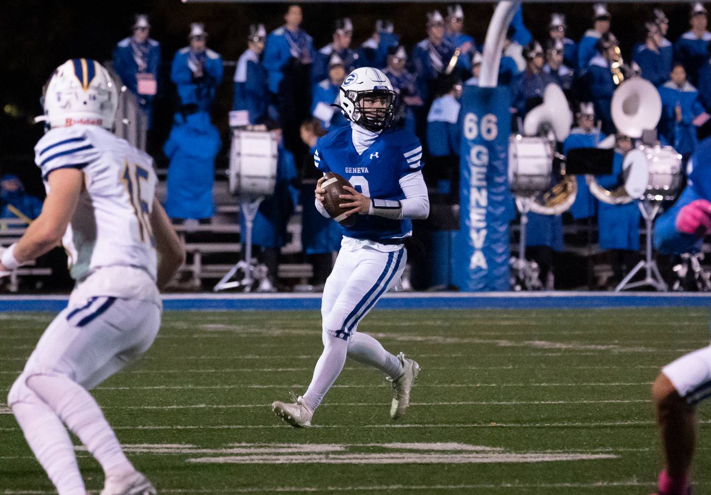 Geneva’s Nate Stempowski (3) drops back in the pocket during a football game against Wheaton North at Geneva High School on Friday, Oct 14, 2022.