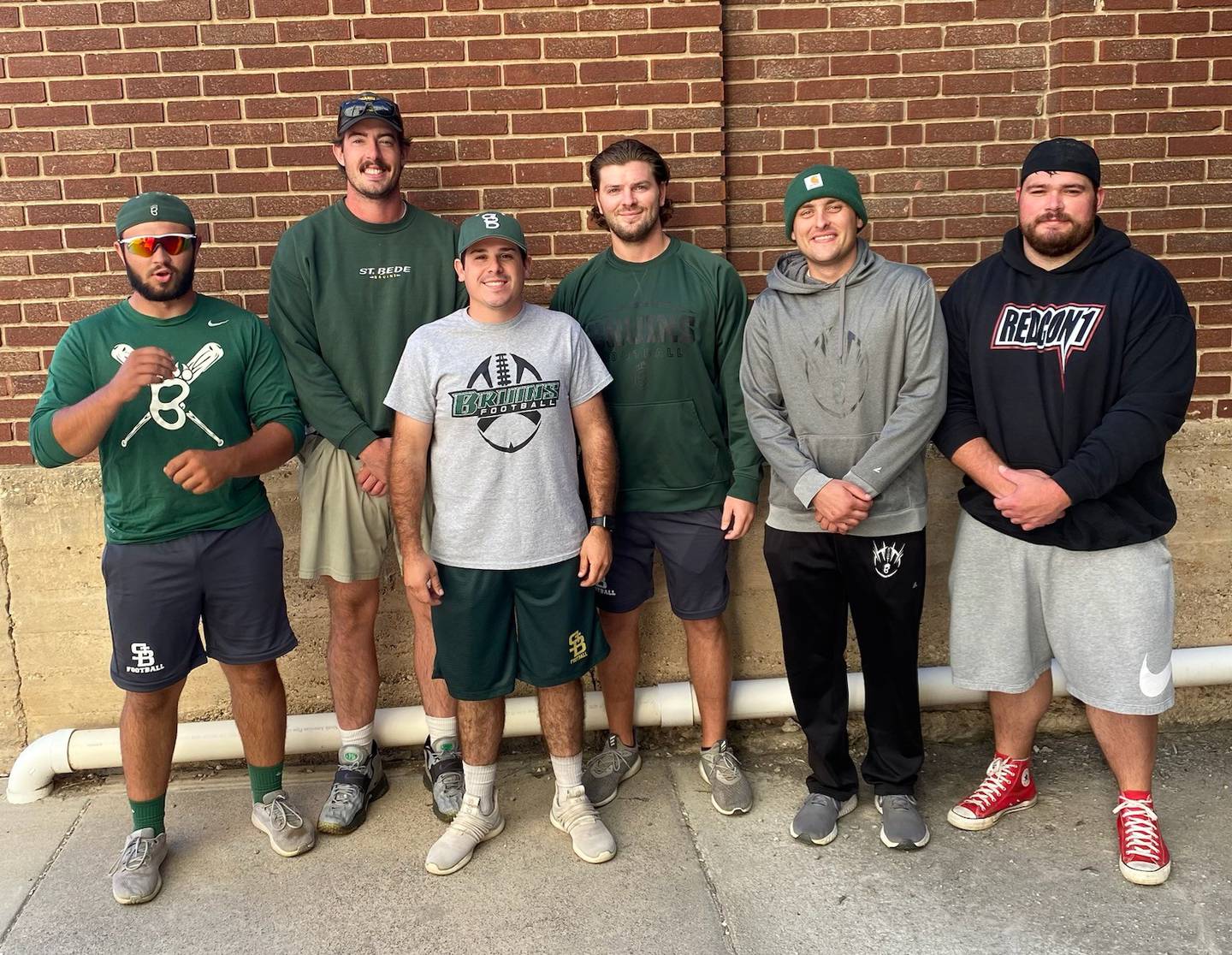 There have been six former St. Bede football captains to come to the Bruins coaching staff in the past 10 years, including Jack Brady, who is taking over as head coach this fall. They are Bryant Eustice (from left), Andrew Pyszka, Austin Schwab, Sam Halm, Brady and Mike Slingsby.