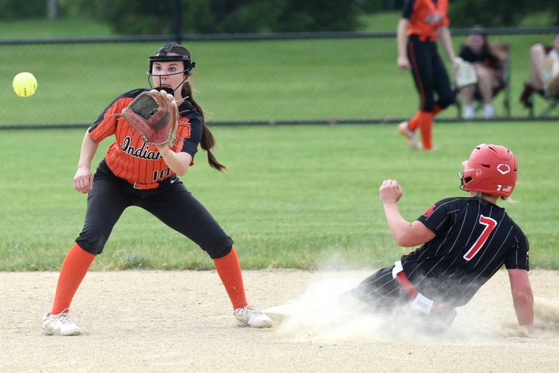 Minooka's Olivia Boyd, left, fields a throw at second base as Bradley-Bourbonnais' Lydia Hammond slides in during the Class 4A Normal Community West Sectional semifinals Tuesday, June 3, 2025.
