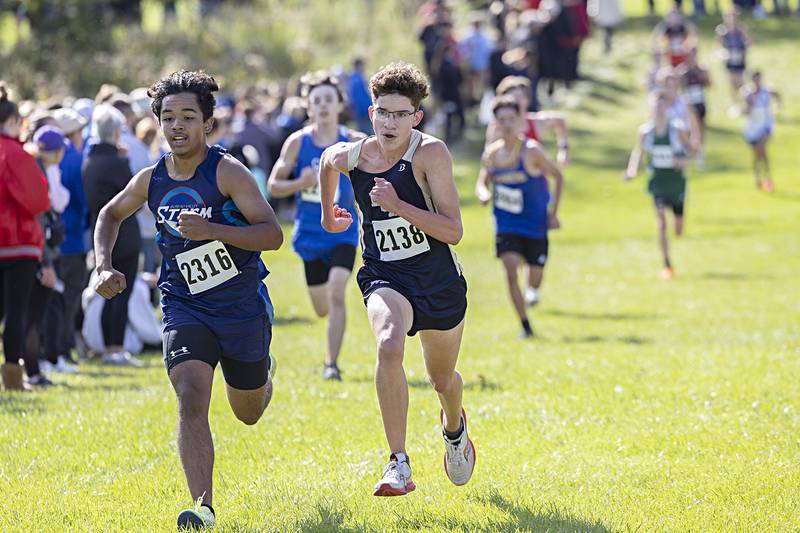 Bureau Valley’s Adrian Gallardo sprints for the finish in the 50th Amboy Columbus Day Cross Country Invite Monday, Oct. 9, 2023.