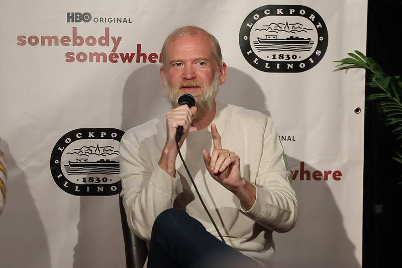 Co-creator Paul Thureen answers a question during a question and answer session at the HBO premiere of Somebody Somewhere at Roxy Lockport on Wednesday, Oct. 30, 2024 in Lockport.