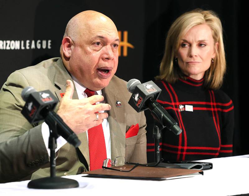 Northern Illinois University Vice President and Director of Athletics, and Recreation, Sean Frazier, speaks as Horizon League Commissioner Julie Roe Lach looks on during a press conference Thursday, Feb. 27, 2025, at the Convocation Center to announce that NIU will be joining the Horizon League starting with the fall 2026 season for most sports other than football.