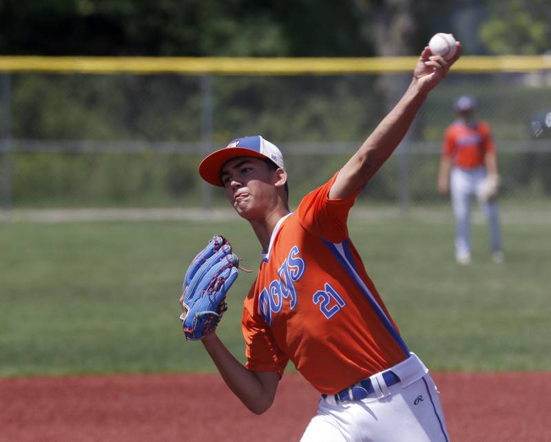 Windy City Hit Dog’s —Offdenkamp’s Brady Hermann throws a pitch during a semi-final baseball game against the Barrington Broncos Red in a Under 13 McHenry County Youth Sports Association’s Summer International Championship baseball tournament on Monday, July 14, 2025, at the Mickey Sund Baseball Complex in Crystal Lake's Lippold Park.