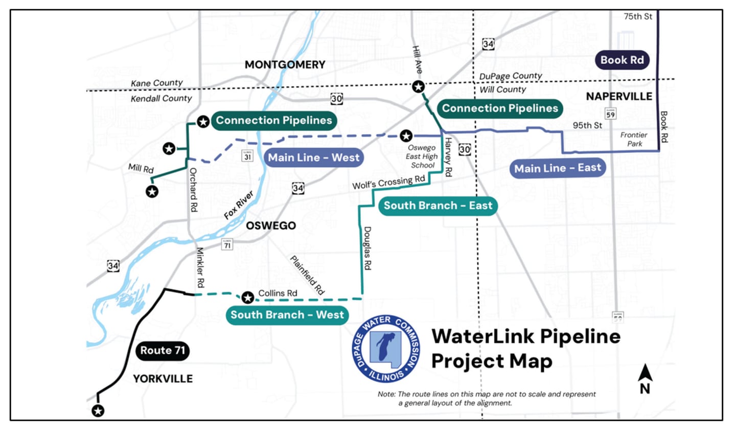 The Lake Michigan water sourcing project will connect water mains starting from Naperville to Oswego, Yorkville, and Montgomery.