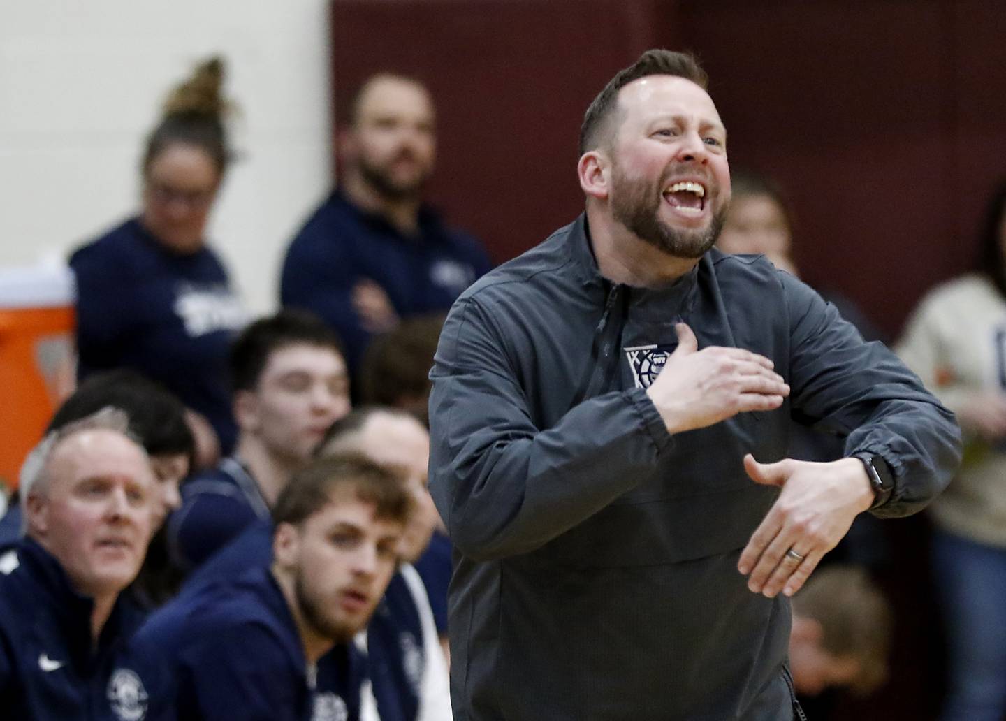 Cary-Grove Head Coach Adam McCloud argues a call during the IHSA Class 3A Prairie Ridge Regional championship basketball game against Crystal Lake South on Friday, Feb. 28, 2025, at Prairie Ridge High School in Crystal Lake.