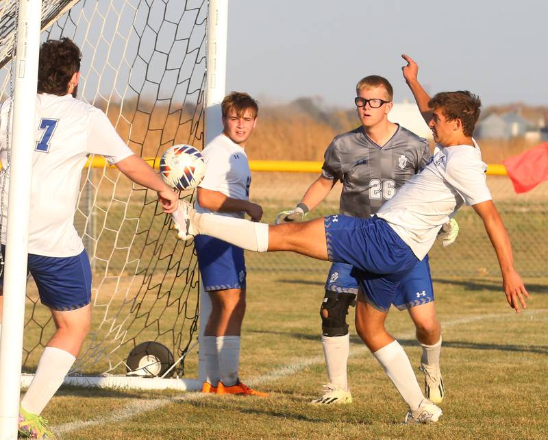 Princeton's Asa Gartin saves the ball from going into the goal against Mendota during the Class 1A Regional final game on Tuesday, Oct. 22, 2024 at Serena High School.