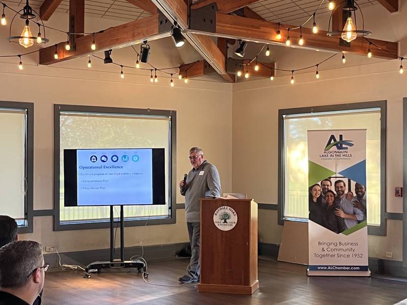 Lake in the Hills Village President Raymond Bogdanowski speaks at the Algonquin/Lake in the Hills Chamber of Commerce annual breakfast.