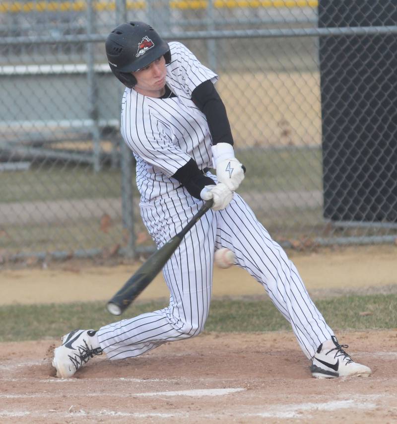 Fulton's Braedon Meyers hits the ball during a game with Morrison on Friday, March 21, 2025 at Drives Field in Fulton.