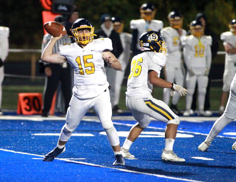 Sterling quarterback Drew Nettleton throws the ball during a Class 5A first-round game against St. Francis on Friday, Nov. 1, 2024 in Wheaton.