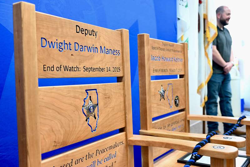 "Honor Chairs" on display at the McHenry County Sheriff's Office in memory of fallen Sheriff's Deputies Dwight Maness and Jacob Keltner.