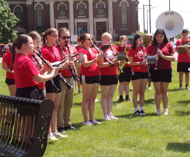 The Streator High School band performed "The Star Spangled Banner" and "The Battle Hymn of the Republic" on Monday, May 27, 2024, during the Memorial Day ceremony at Veterans Memorial Plaza in Streator's City Park.
