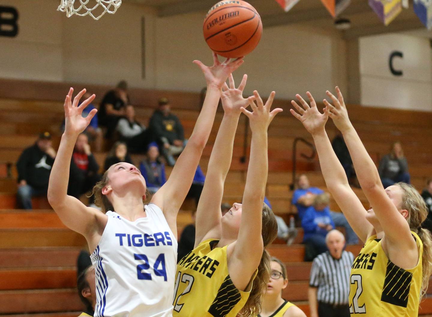 Princeton's Keighley Davis tips the ball away from Putnam County's Chloe Parcher during the Princeton Holiday Girls Basketball Tournament on Tuesday, Nov. 19, 2024 at Princeton High School.