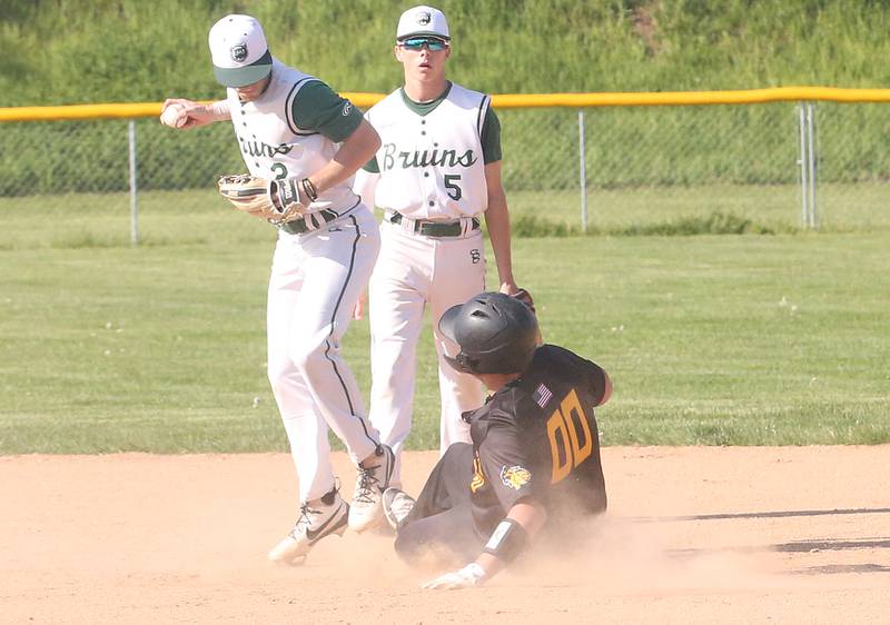 St. Bede's Gus Burr gets of the way as Putnam County's Jaden Stoddard is forced out at second base on Thursday, May 8, 2025 at St. Bede Academy.