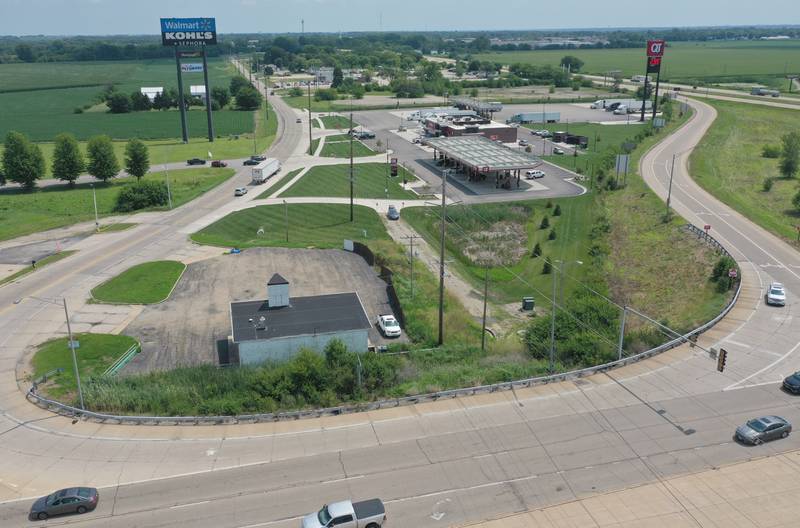 An aerial view of 1350 May Road on Monday, July 28, 2025 in Peru. The property will be publicly auctioned off on-site on Thursday, Aug. 7 at 6p.m. The 1500 square-foot building was a former gas station. Rediger Auction Service is holding the auction.